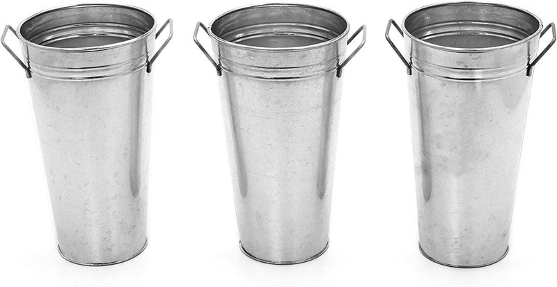 Hosley Set of 3 Galvanized French Bucket Vase with Handles 5" Dia x 9" H Ideal for Farmhouse Dried Floral Arrangements at Home for Weddings Gifts Spa and Aromatherapy Settings O5 - Image 1